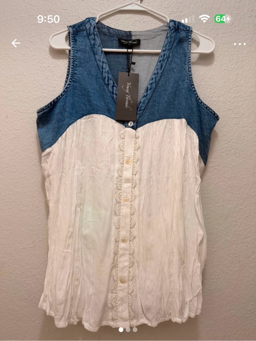 Young Threads Denim Yoke White Button-Front Tank